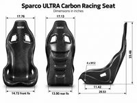 Thumbnail for Sparco ULTRA Carbon Racing Seat dimensions chart showing front, rear, and side views with seat width, height, depth, and mounting measurements in inches.