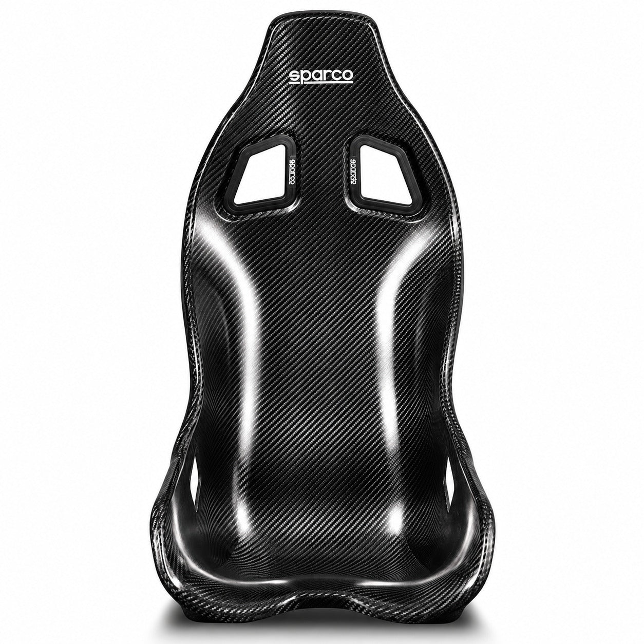 Sparco ULTRA Carbon Racing Seat front view featuring a lightweight exposed carbon fiber shell, integrated harness openings, sculpted side bolsters, and glossy black finish.