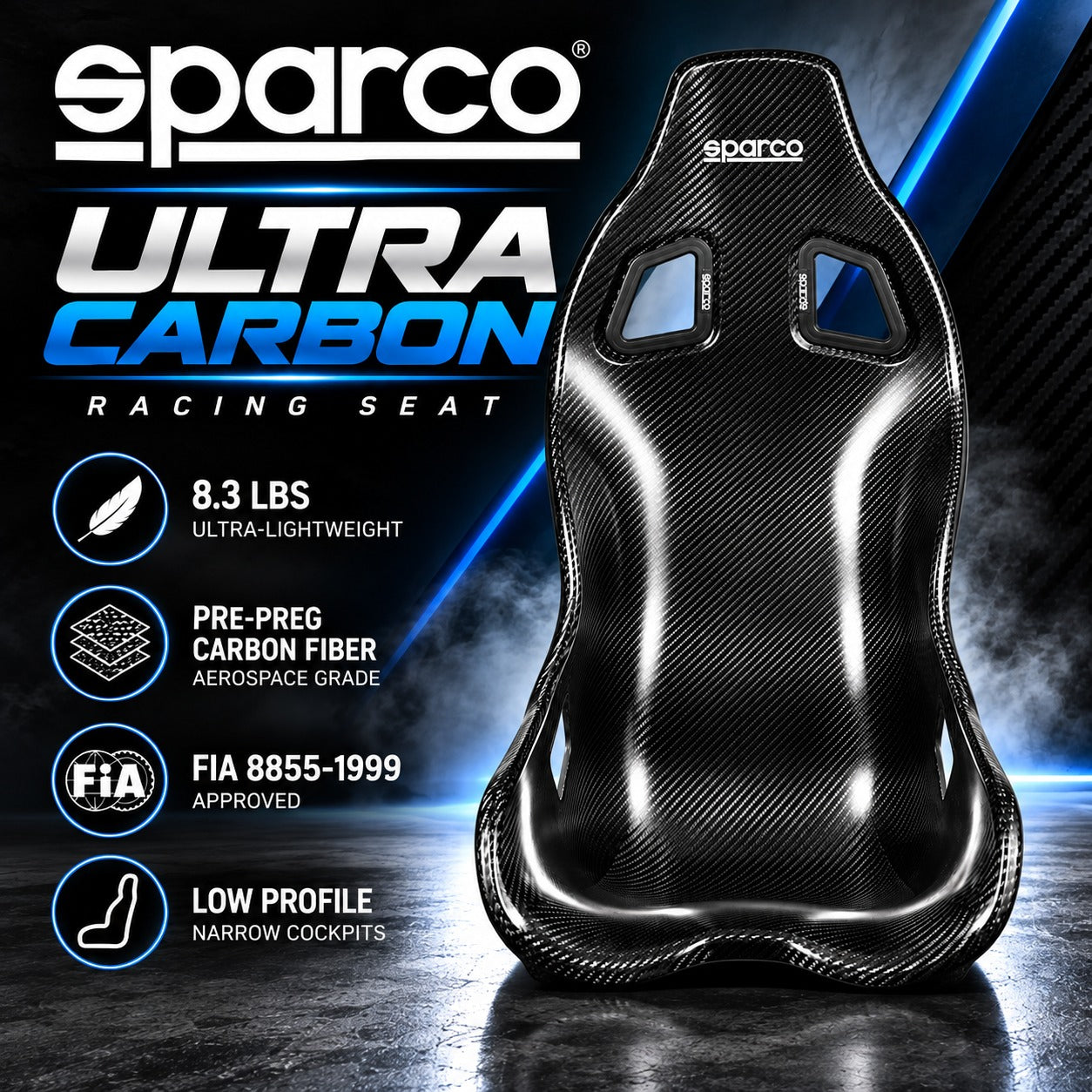 Sparco ULTRA Carbon Racing Seat hero image featuring an ultra-lightweight 8.3 lb pre-preg carbon fiber shell, FIA 8855-1999 approval, and low-profile design for narrow racing coc