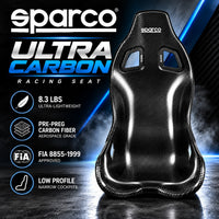 Thumbnail for Sparco ULTRA Carbon Racing Seat hero image featuring an ultra-lightweight 8.3 lb pre-preg carbon fiber shell, FIA 8855-1999 approval, and low-profile design for narrow racing coc
