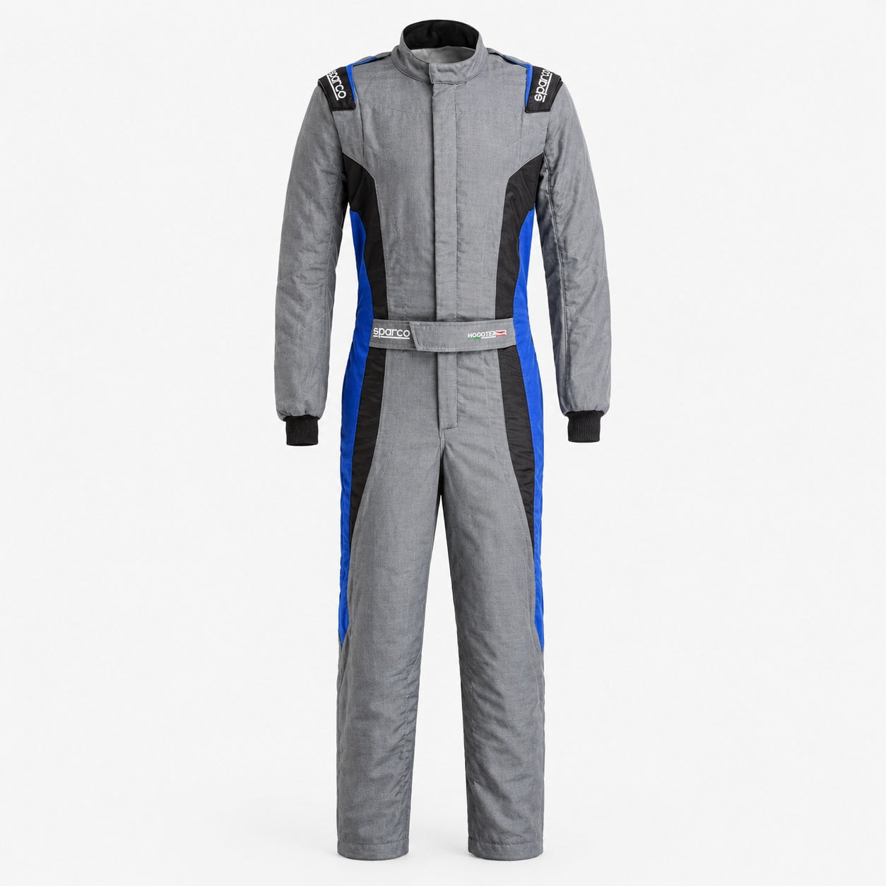 Sparco Victory Pro boot cuff racing suit grey and blue front view