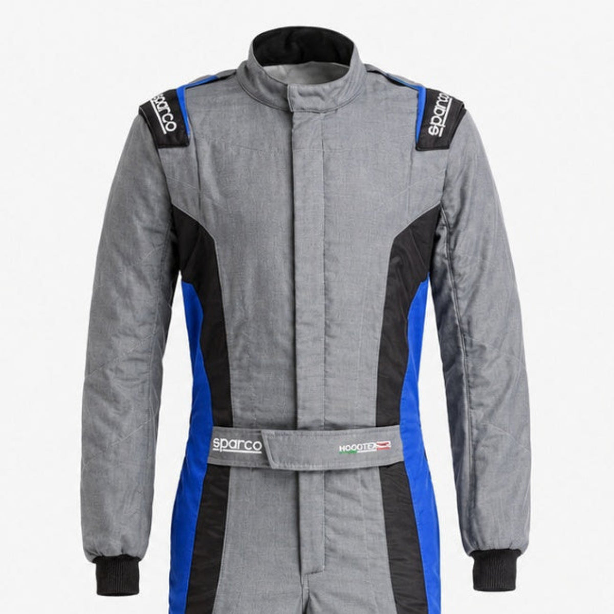 Gray and black racing suit with blue accents on a white background