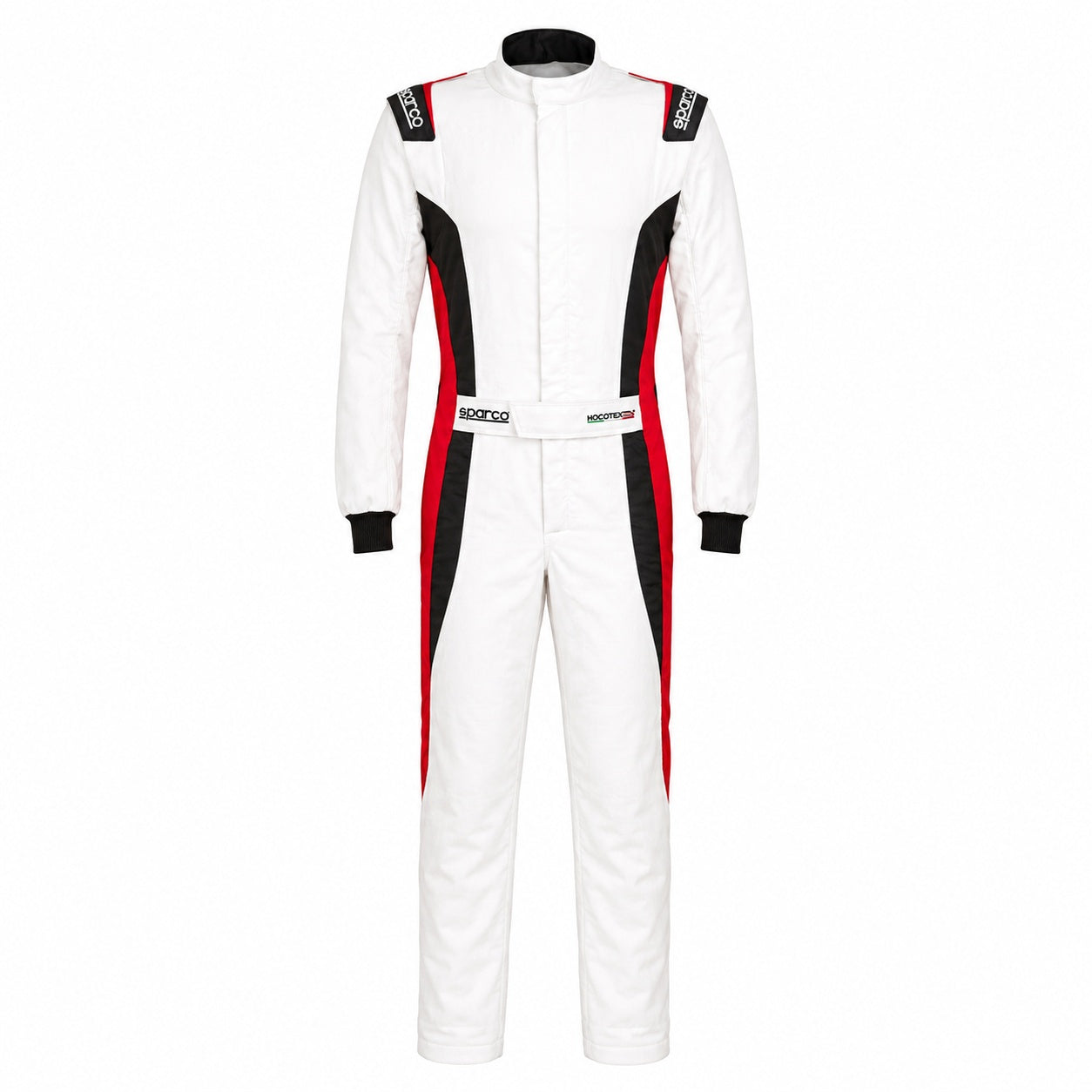 Sparco Victory Pro boot cuff racing suit white and red front view
