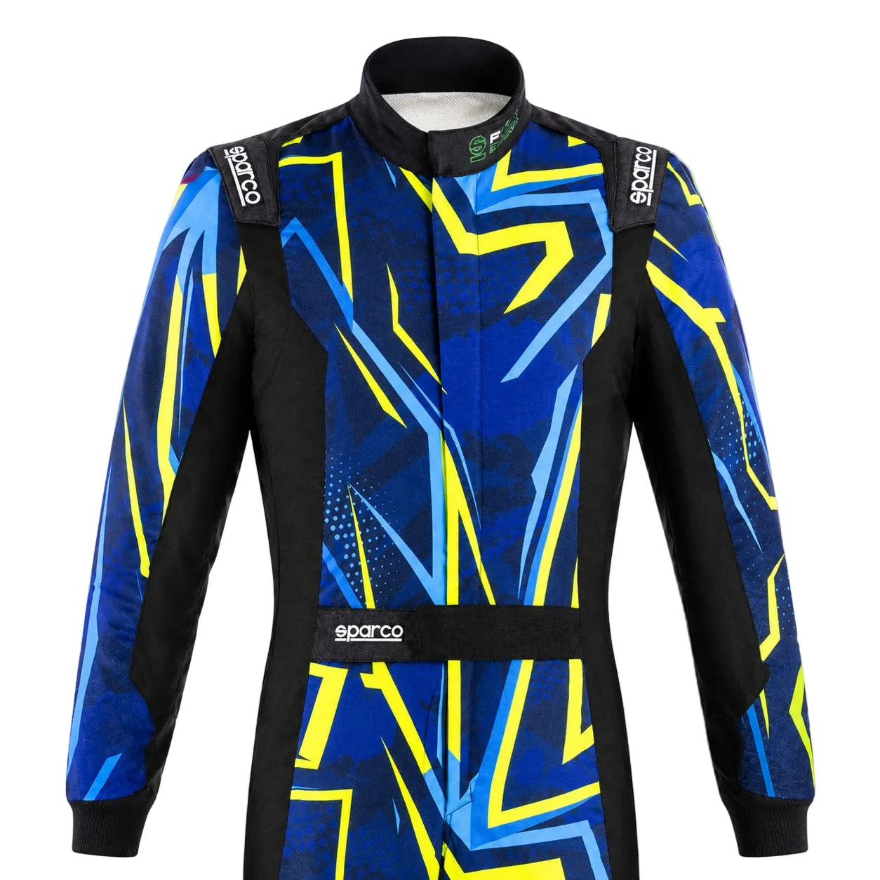 Sparco X-Light FE Infinity race suit half image with blue, black, and neon yellow graphic design on a clean white background.
