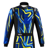 Thumbnail for Sparco X-Light FE Infinity race suit half image with blue, black, and neon yellow graphic design on a clean white background.