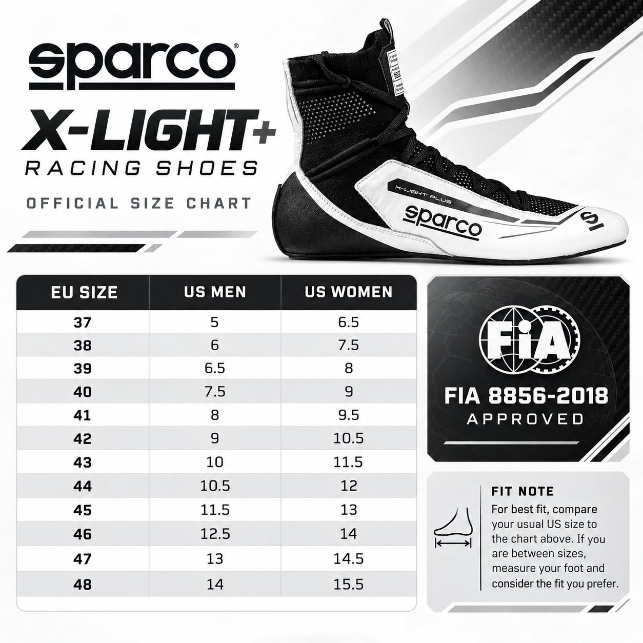 Sparco X-Light+ Racing Shoes sizing chart featuring white and black lightweight racing shoes, EU sizes 37–48, US men's and women's size conversions, carbon fiber sole technology, and FIA 8856-2018 certification.