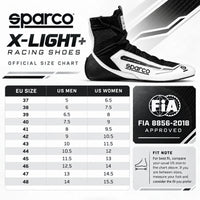 Thumbnail for Sparco X-Light+ Racing Shoes sizing chart featuring white and black lightweight racing shoes, EU sizes 37–48, US men's and women's size conversions, carbon fiber sole technology, and FIA 8856-2018 certification.