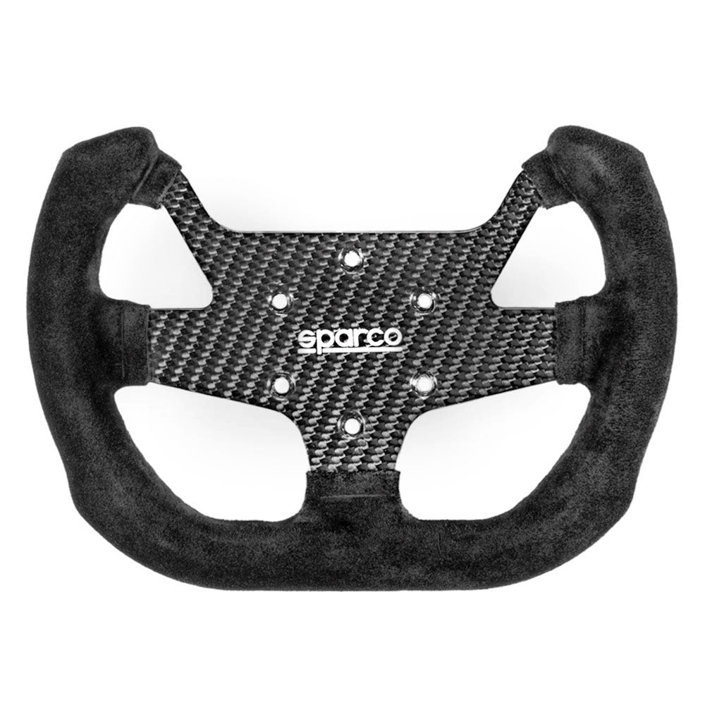 Carbon fiber steering wheel with 'sparco' branding on a white background