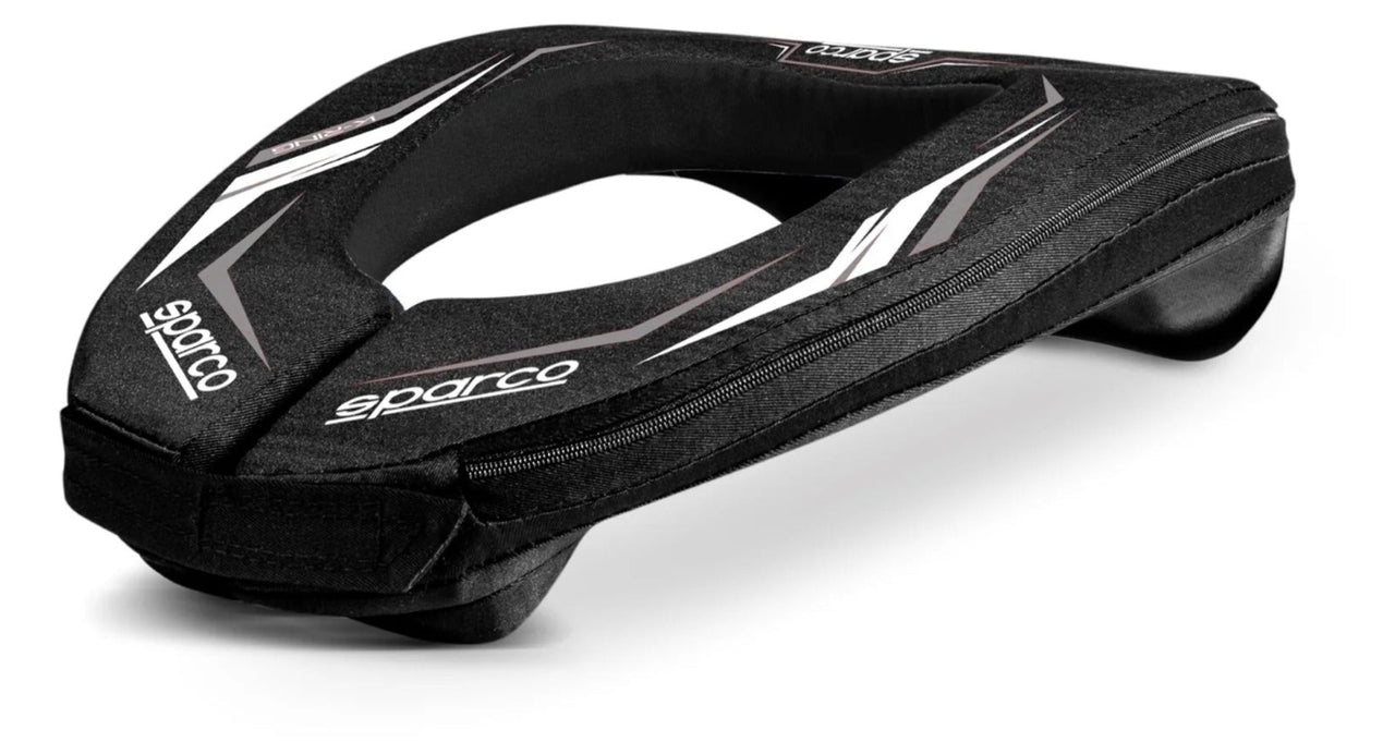 Sparco K-Ring Karting Neck Collar Black/White top view showing contoured neck opening, 360-degree support design, and white graphic accents