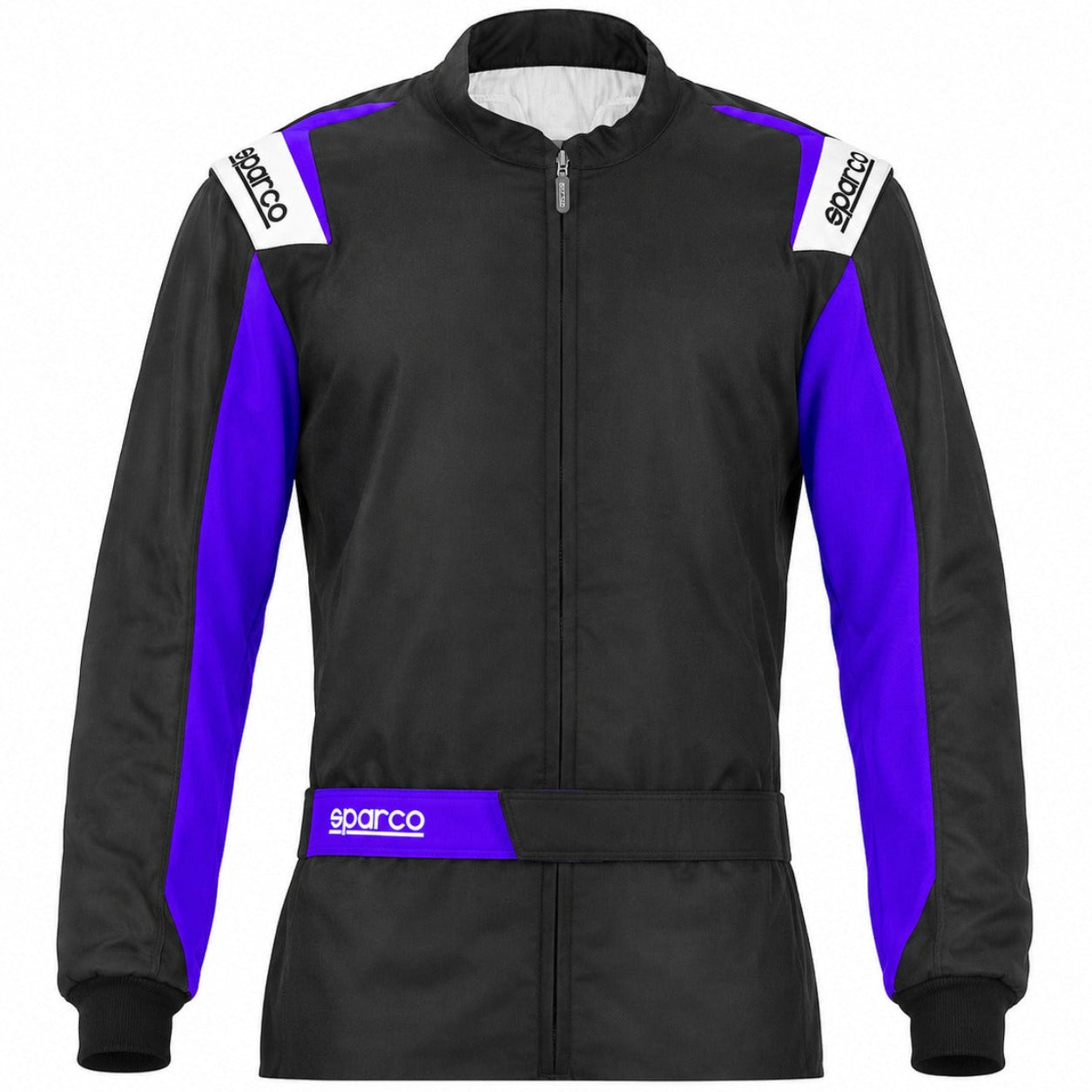 Sparco Rookie Karting Suit in black and purple half front view