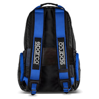 Thumbnail for Sparco Super Stage Backpack Black/Blue rear view showing padded shoulder straps, padded back panel, blue strap detail, and Sparco logos