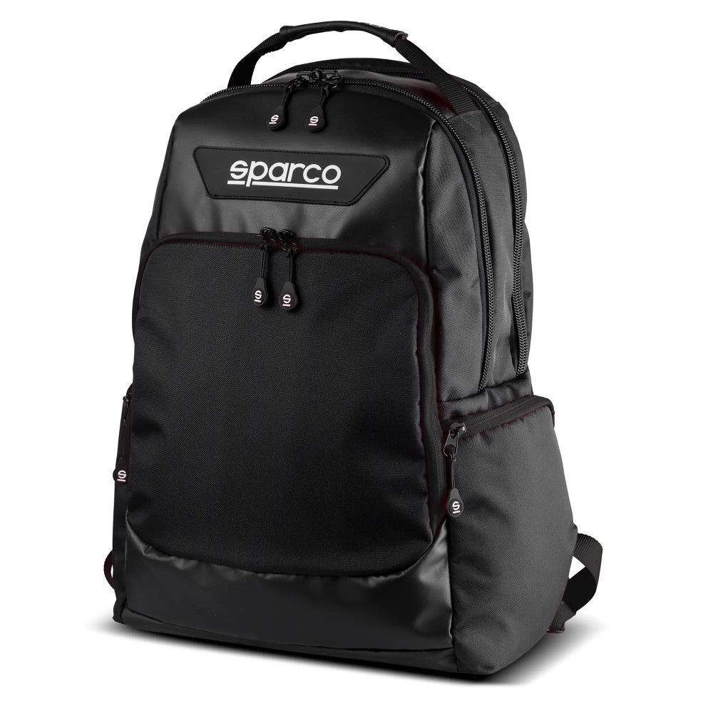 Sparco Super Stage Backpack Black/Black front view with large main compartments, front organizer pocket, side pocket, and Sparco logo