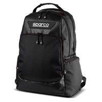 Thumbnail for Sparco Super Stage Backpack Black/Black front view with large main compartments, front organizer pocket, side pocket, and Sparco logo