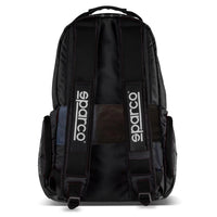 Thumbnail for Sparco Super Stage Backpack Black/Black rear view showing padded ergonomic shoulder straps, padded back panel, and Sparco strap logos