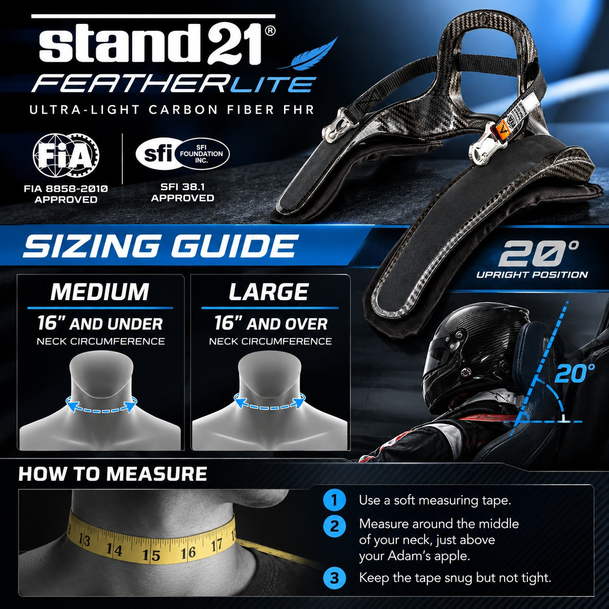 Stand21 Featherlite Ultra-Light Carbon Fiber FHR 20-Degree Sizing Chart Featuring Medium and Large Sizes, Neck Circumference Measurements in Centimeters and Inches, and Upright Racing Seat Position Guide.