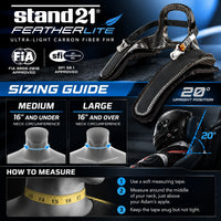 Thumbnail for Stand21 Featherlite Ultra-Light Carbon Fiber FHR 20-Degree Sizing Chart Featuring Medium and Large Sizes, Neck Circumference Measurements in Centimeters and Inches, and Upright Racing Seat Position Guide.