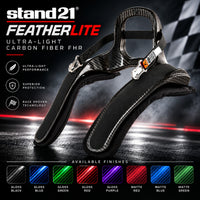 Thumbnail for Stand21 Featherlite Ultra-Light Carbon Fiber Frontal Head Restraint Hero Image Featuring Gloss Black, Blue, Green, Red and Purple Finishes, Plus Matte Red, Blue and Green Options.
