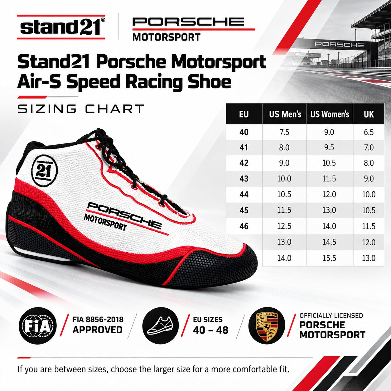 Stand21 Porsche Motorsport Air-S Speed Racing Shoes sizing chart featuring white, red, and black racing shoes, EU sizes 40–48, US men's, US women's, and UK size conversions, and FIA 8856-2018 certification.