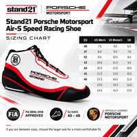 Thumbnail for Stand21 Porsche Motorsport Air-S Speed Racing Shoes sizing chart featuring white, red, and black racing shoes, EU sizes 40–48, US men's, US women's, and UK size conversions, and FIA 8856-2018 certification.