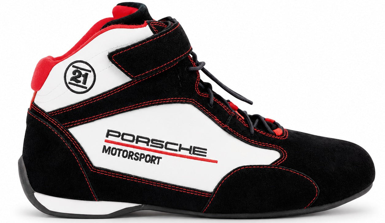 Stand21 Porsche Motorsport Daytona 3 Racing Shoes in black, white, and red, single right-facing racing shoe with Porsche Motorsport embroidery, ankle strap, red stitching, and high-top profile.