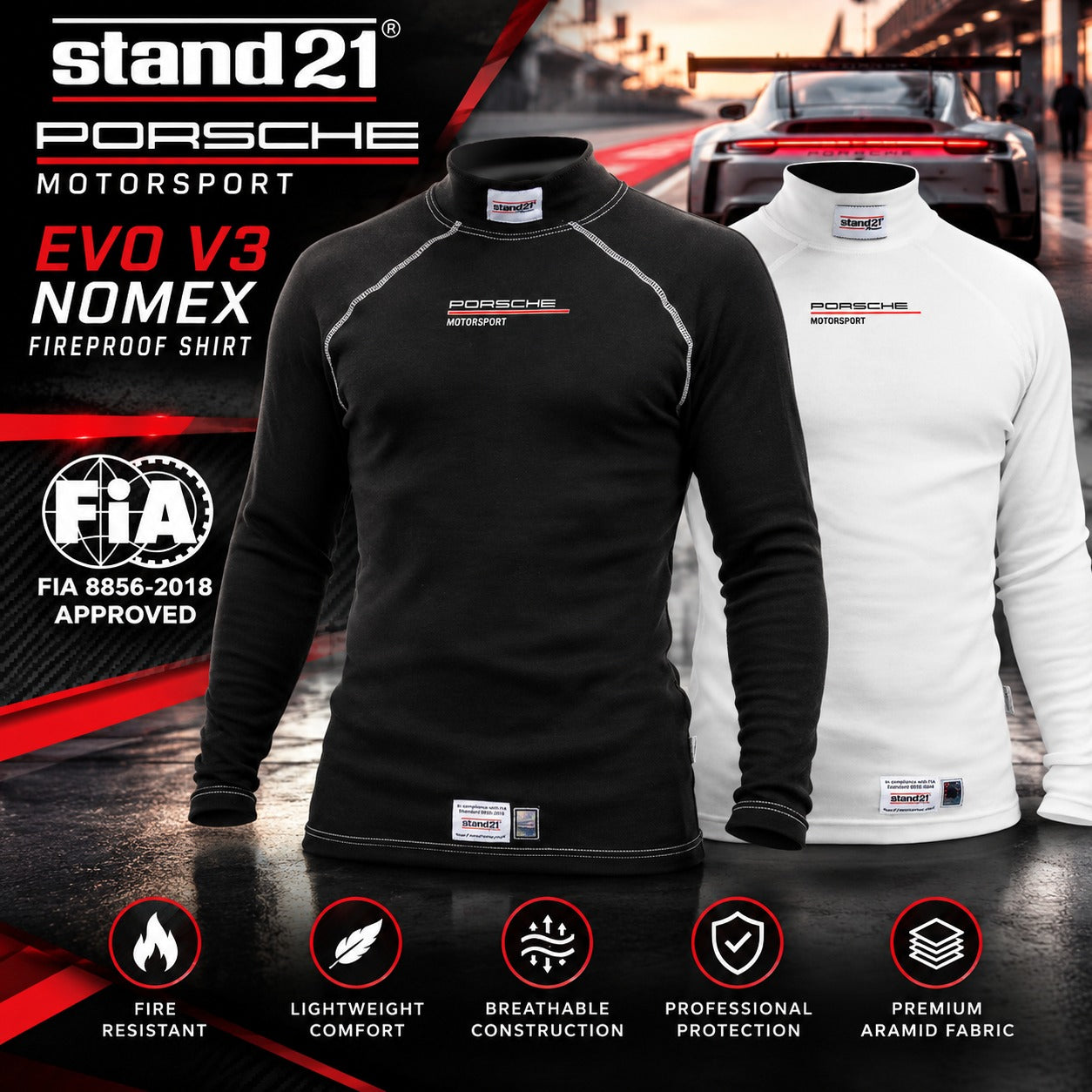 Stand21 Porsche Motorsport Evo V3 Nomex Fireproof Racing Shirt Hero Image Featuring Black and White Long-Sleeve Shirts, FIA 8856-2018 Certification, Lightweight Breathable Aramid Fabric, and Official Porsche Motorsport Bran