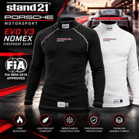 Thumbnail for Stand21 Porsche Motorsport Evo V3 Nomex Fireproof Racing Shirt Hero Image Featuring Black and White Long-Sleeve Shirts, FIA 8856-2018 Certification, Lightweight Breathable Aramid Fabric, and Official Porsche Motorsport Bran
