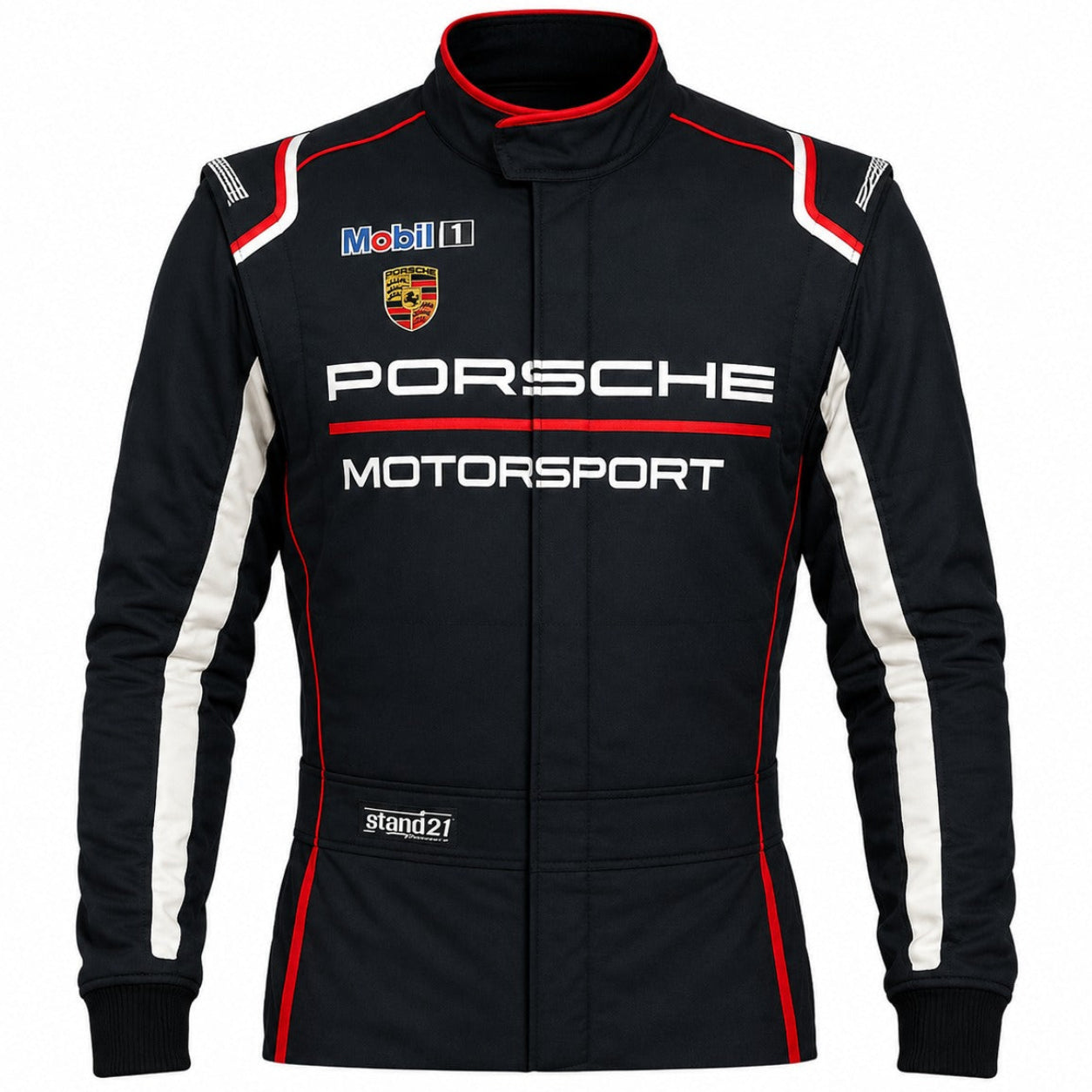 Stand 21 Porsche Motorsport black racing suit upper-body half suit with red piping and white sleeve accents on white background