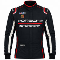 Thumbnail for Stand 21 Porsche Motorsport black racing suit upper-body half suit with red piping and white sleeve accents on white background