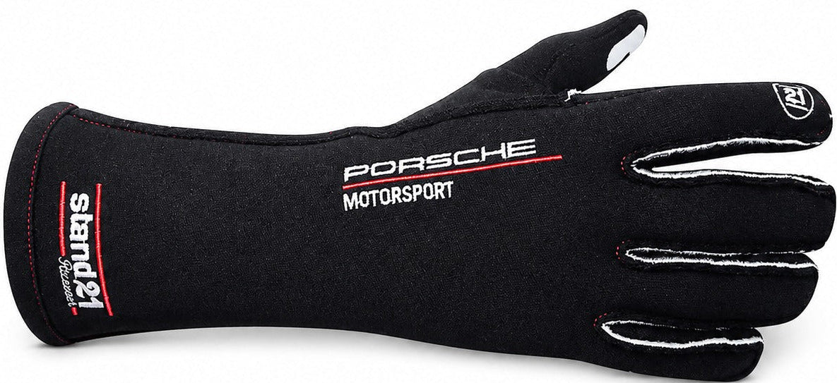 Stand21 Porsche Motorsport black FIA racing glove with external seams on a white background