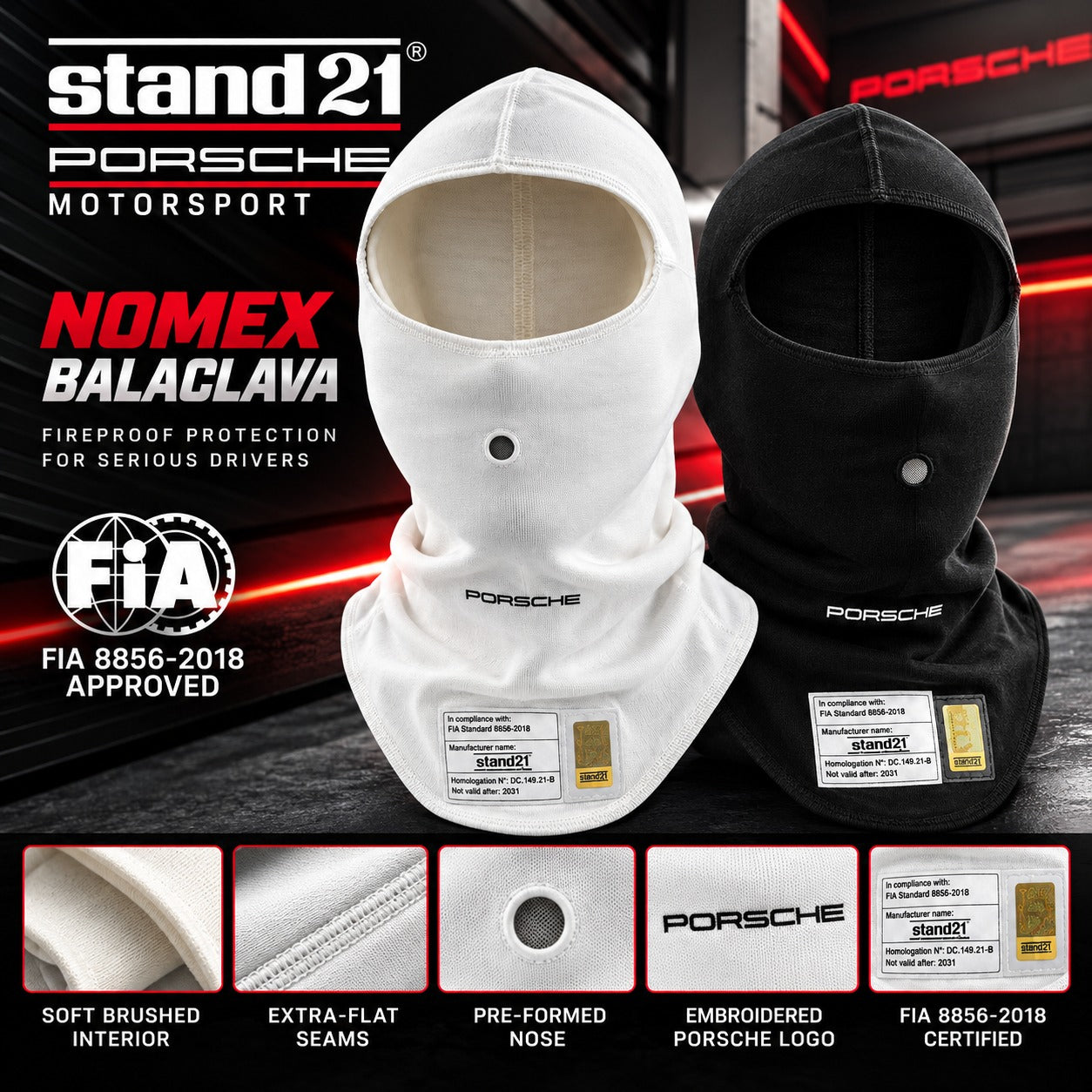 Two stand21 Porsche Motorsport Nomex Balaclava fireproof balaclavas, one white and one black, displayed side-by-side with product features, FIA certification, and close-up detail insets at the bottom.