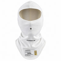 Thumbnail for A white Stand21 Porsche Motorsport full-face balaclava hood with a neck gaiter, featuring a black Porsche logo on the chest and a white technical specification label near the bottom.  Created by Competition Motorsport
