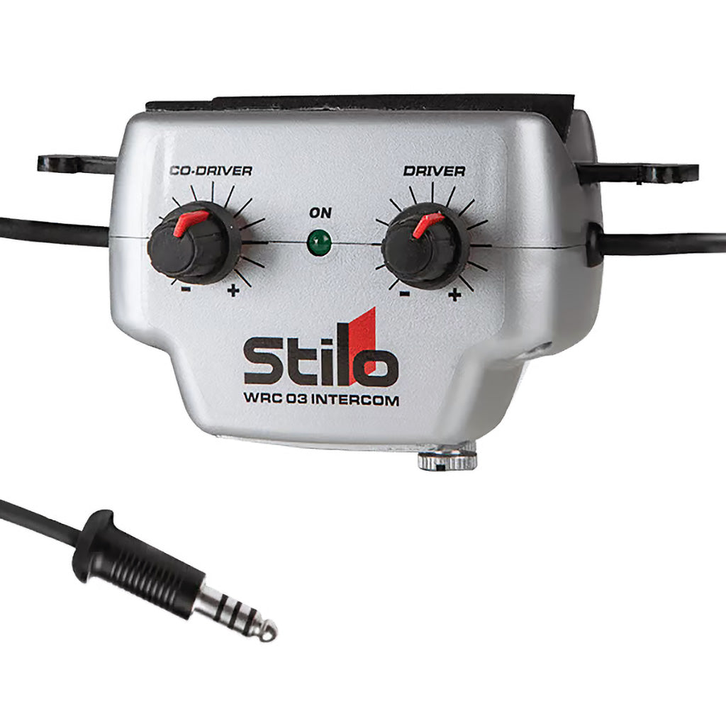 Stilo WRC03 Intercom device with driver & co-driver knobs and wiring on a white background