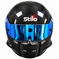 Thumbnail for Stilo ST5.1 GT Carbon Fiber SA2020 racing helmet shown from the front, featuring a glossy exposed carbon fiber shell, blue mirrored visor, center shield locking mechanism, integrated chin ventilation, and Stilo branding on a clean white background.