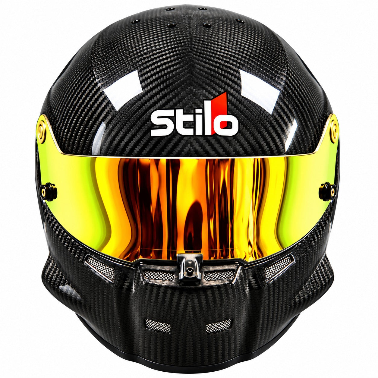 Stilo ST5.1 GT Carbon Fiber SA2020 racing helmet shown from the front, featuring a glossy exposed carbon fiber shell, gold and yellow iridium mirrored visor, center shield locking mechanism, integrated chin ventilation, and Stilo branding on a clean white background.