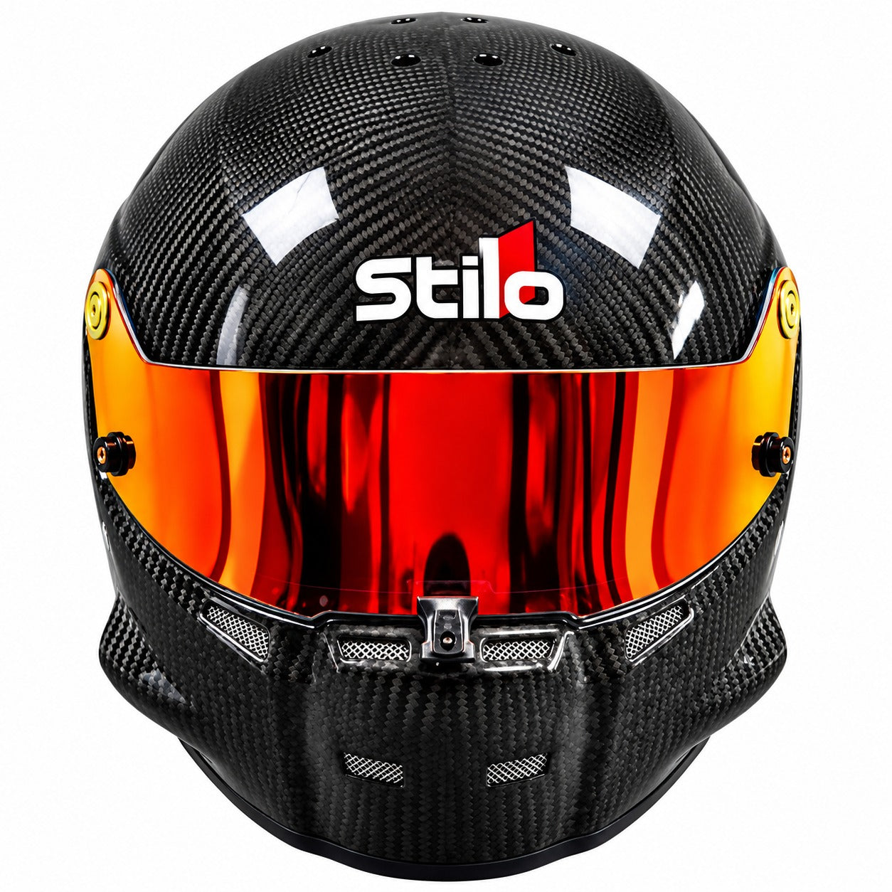 Stilo ST5.1 GT Carbon Fiber SA2020 racing helmet shown from the front, featuring a glossy exposed carbon fiber shell, red and orange mirrored visor, center shield locking mechanism, integrated chin ventilation, and Stilo branding on a clean white background.