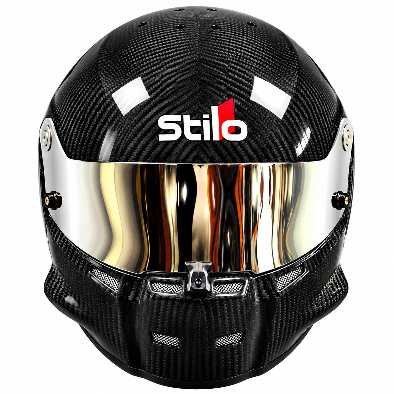 Stilo ST5.1 GT Carbon Fiber SA2020 racing helmet shown from the front, featuring a glossy exposed carbon fiber shell, reflective silver mirrored visor, central shield locking mechanism, integrated chin ventilation, and Stilo branding on a clean white background.
