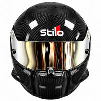 Thumbnail for Stilo ST5.1 GT Carbon Fiber SA2020 racing helmet shown from the front, featuring a glossy exposed carbon fiber shell, reflective silver mirrored visor, central shield locking mechanism, integrated chin ventilation, and Stilo branding on a clean white background.
