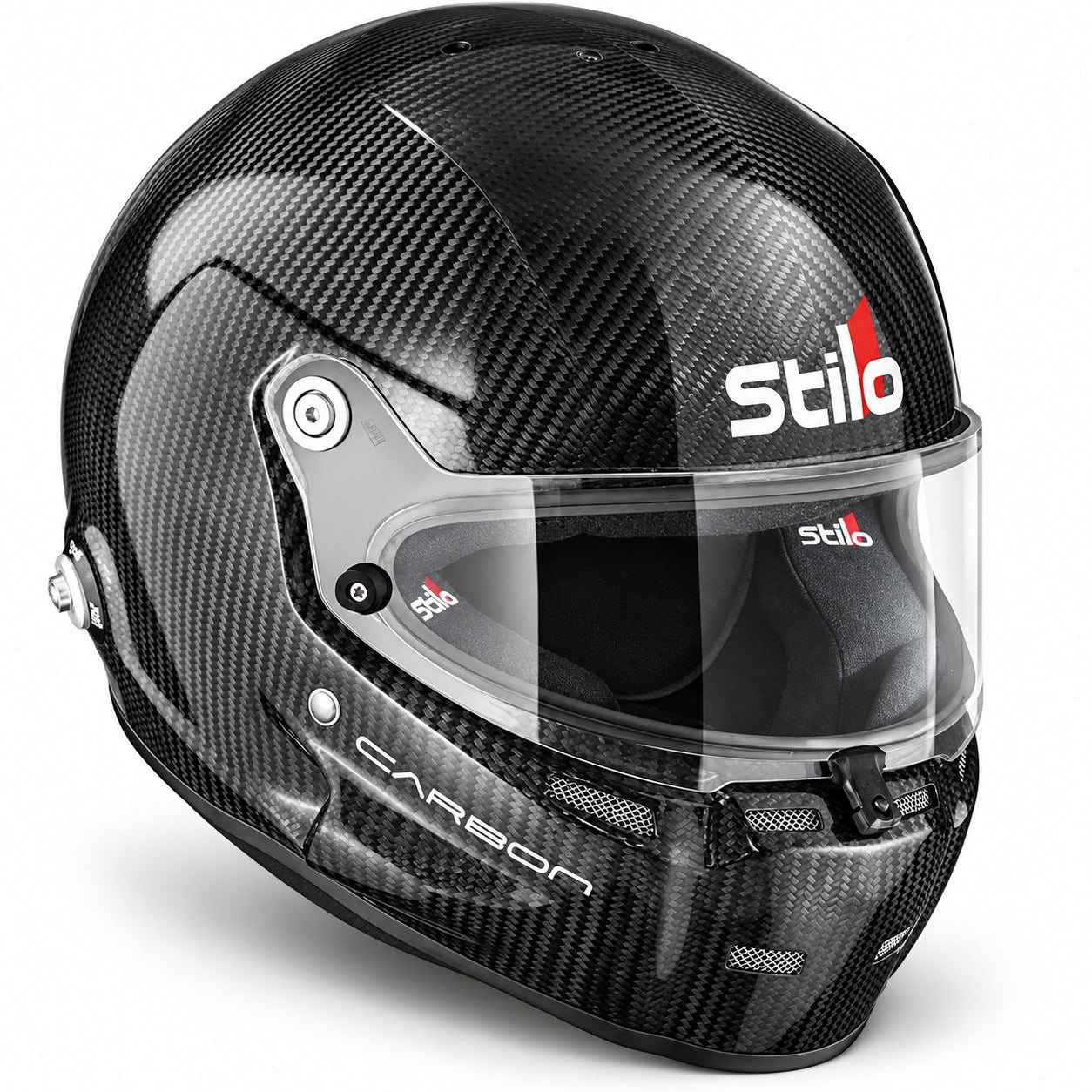 Stilo ST5.1 GT Carbon Fiber SA2020 racing helmet in three-quarter front view, featuring a glossy exposed carbon fiber shell, clear racing visor, central shield locking mechanism, integrated chin ventilation, and aerodynamic design.