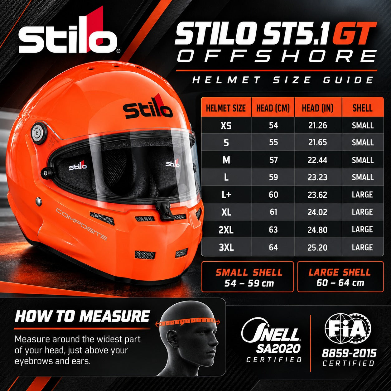 Stilo ST5.1 GT Offshore Composite racing helmet sizing chart showing XS through 3XL, head circumference in centimeters and inches, and small and large shell sizes.