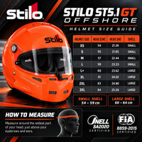 Thumbnail for Stilo ST5.1 GT Offshore Composite racing helmet sizing chart showing XS through 3XL, head circumference in centimeters and inches, and small and large shell sizes.
