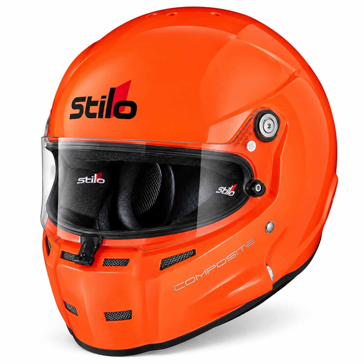 Stilo ST5.1 GT Offshore Composite racing helmet in fluorescent orange, featuring a clear visor, black interior padding, front chin ventilation, and three-quarter front view on a white background.