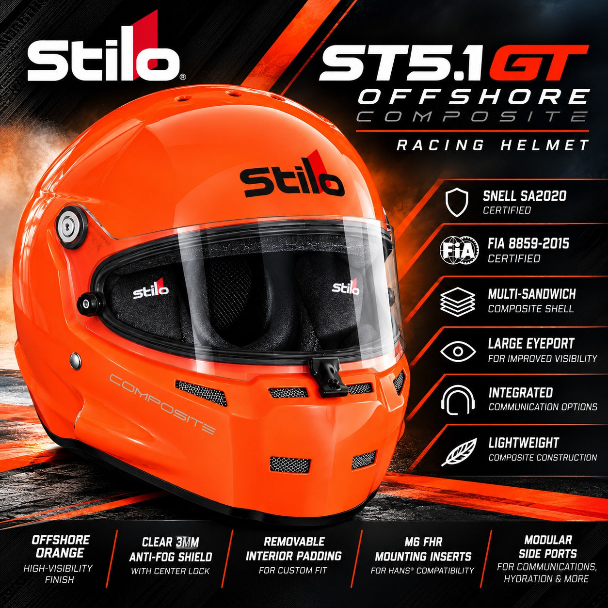 Stilo ST5.1 GT Offshore Composite orange racing helmet hero image featuring Snell SA2020 and FIA 8859-2015 certifications, lightweight composite shell, clear anti-fog visor, and integrated communication options.