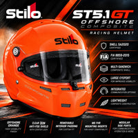 Thumbnail for Stilo ST5.1 GT Offshore Composite orange racing helmet hero image featuring Snell SA2020 and FIA 8859-2015 certifications, lightweight composite shell, clear anti-fog visor, and integrated communication options.