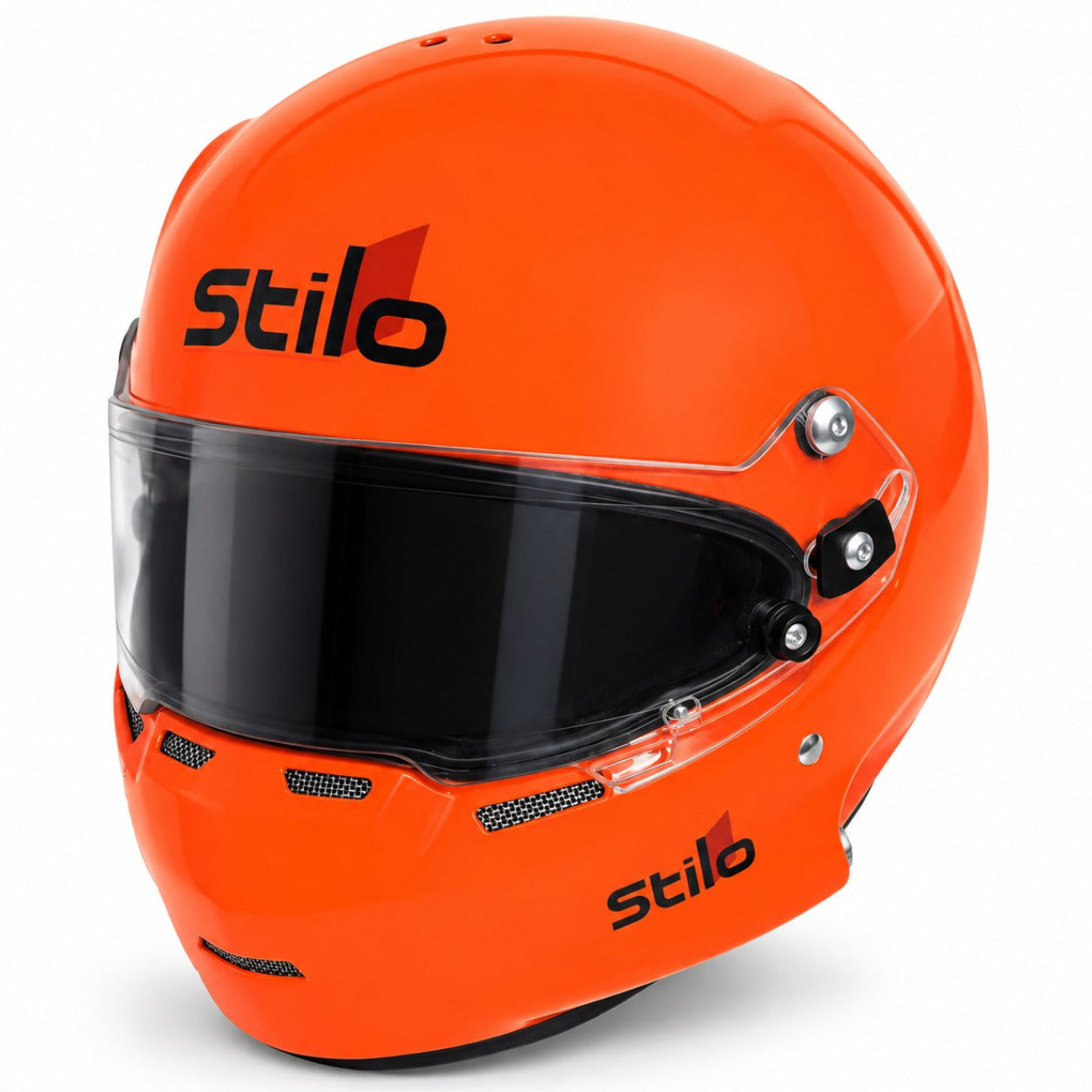 Stilo ST5.1 GT Offshore Composite SA2020 racing helmet in bright orange, shown in a three-quarter front view with a glossy composite shell, dark racing visor, Stilo branding, integrated chin ventilation, and shield pivot hardware on a clean white background.