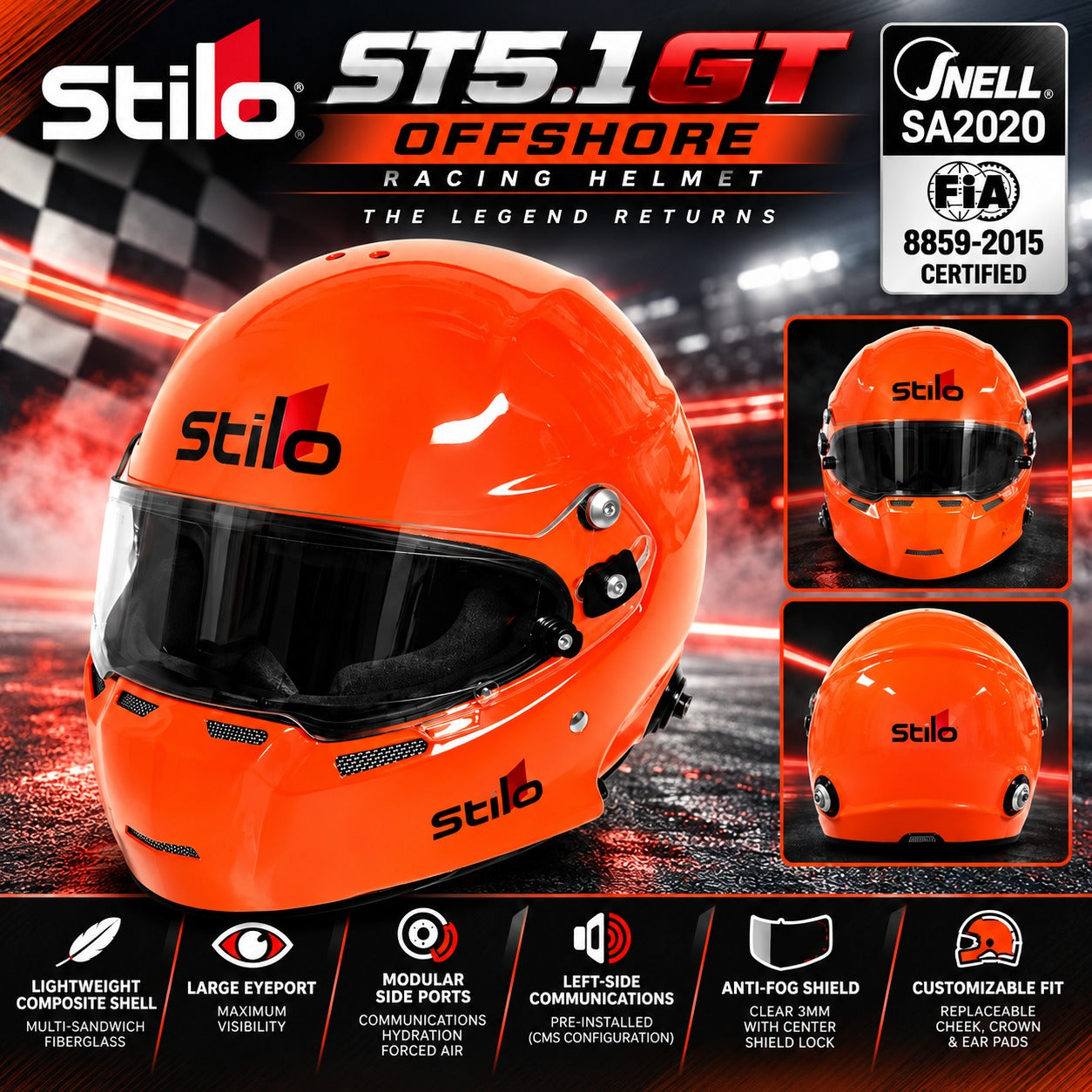 Stilo ST5.1 GT Offshore Composite SA2020 racing helmet hero image featuring a high-visibility orange shell, Snell SA2020 and FIA 8859-2015 certifications, large eyeport, anti-fog shield, modular side ports, integrated communications, and customizable interior padding against a dramatic motorsport background.