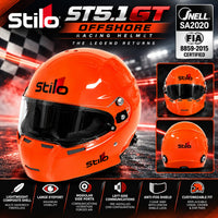 Thumbnail for Stilo ST5.1 GT Offshore Composite SA2020 racing helmet hero image featuring a high-visibility orange shell, Snell SA2020 and FIA 8859-2015 certifications, large eyeport, anti-fog shield, modular side ports, integrated communications, and customizable interior padding against a dramatic motorsport background.