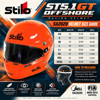 Thumbnail for Stilo ST5.1 GT Offshore Composite SA2020 racing helmet sizing chart featuring the bright orange helmet, sizes XS through XXXL, head circumference measurements from 54 to 64 cm with inch conversions, small and large shell sizes, and head measuring instructions.