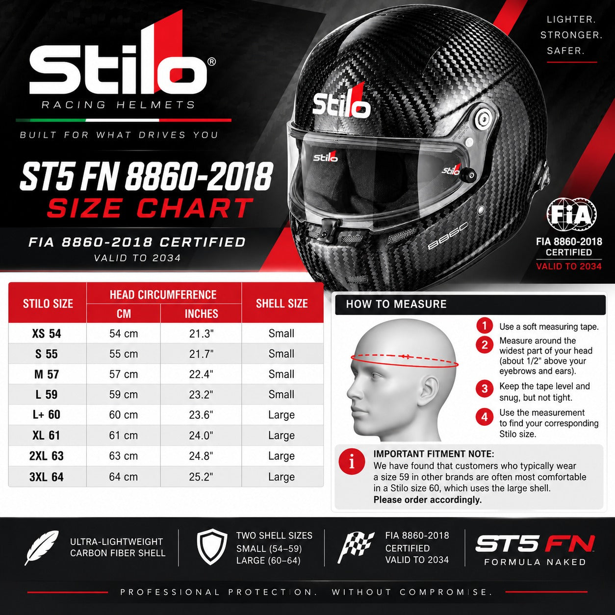 Stilo ST5 FN 8860-2018 carbon fiber racing helmet sizing chart with head circumference and shell size guide
