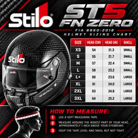 Thumbnail for Stilo ST5 FN ZERO FIA 8860-2018 Carbon Fiber Racing Helmet Sizing Chart showing XS through 3XL sizes, head circumference in centimeters and inches, small and large shell sizes, and helmet measuring instructions.
