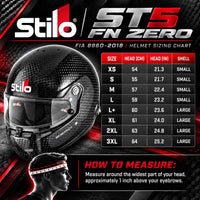 Thumbnail for Stilo ST5 FN ZERO FIA 8860-2018 Carbon Fiber Racing Helmet Sizing Chart showing XS through 3XL sizes, head circumference in centimeters and inches, small and large shell sizes, and proper helmet measuring instructions.